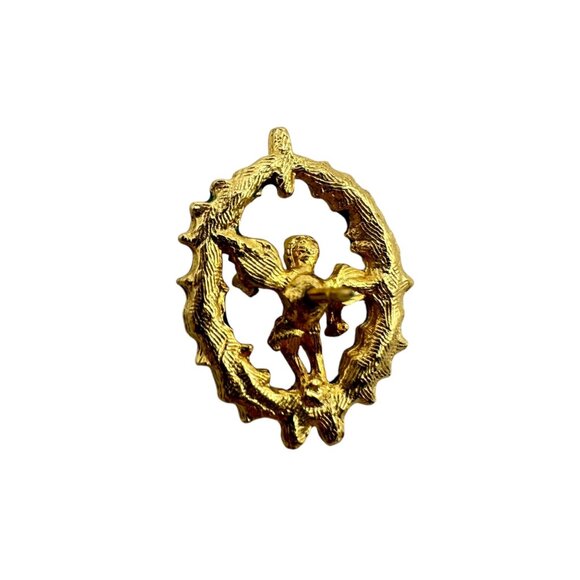 Vintage Christmas Cherub Angel Wreath Brooch Gold Tone Red Green Enamel - Picture 8 of 9